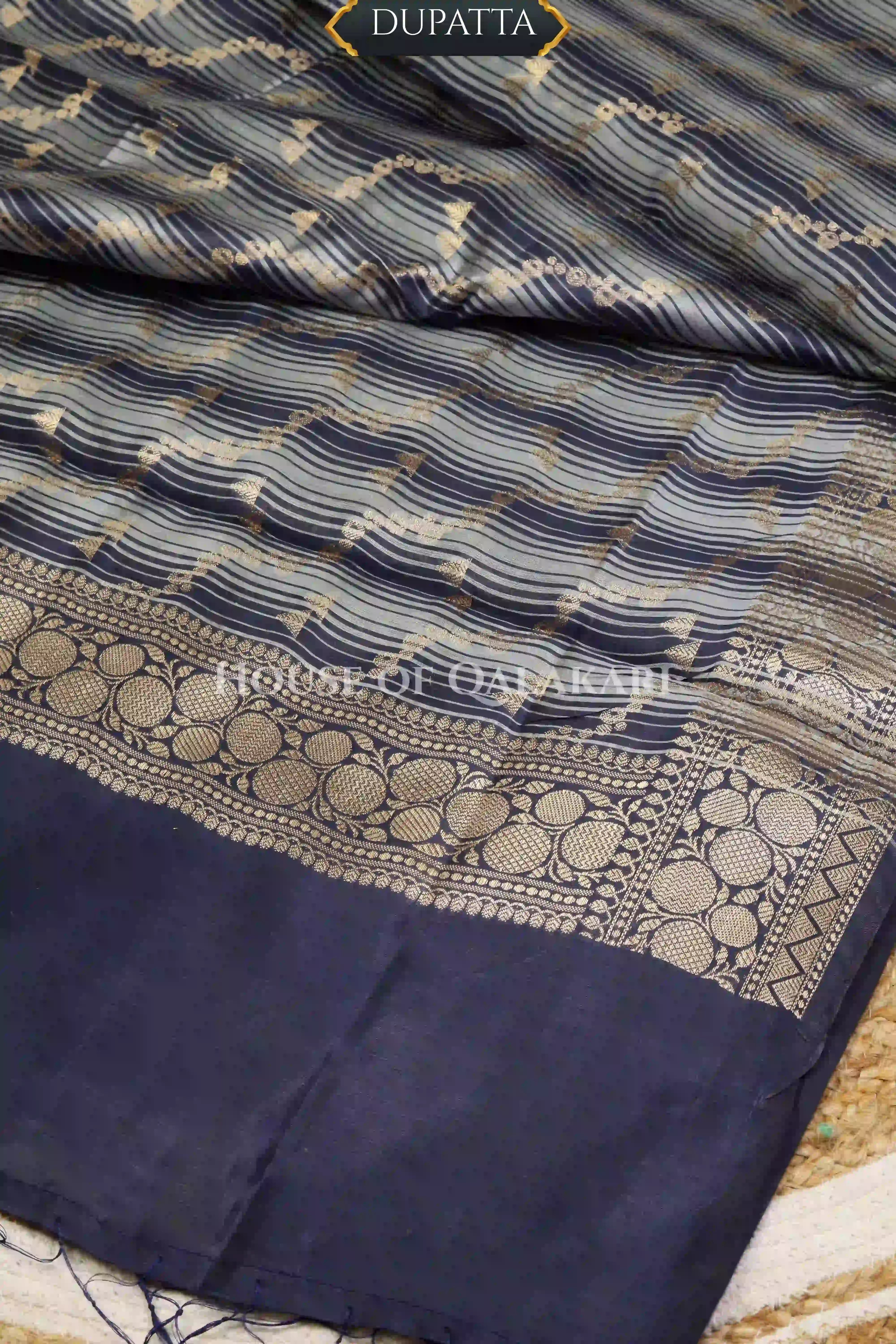 Banarasi Cotton Silk blend Unstitched Dress Material in midnight navy blue and with Bandhani-Leheriya inspired work – dupatta