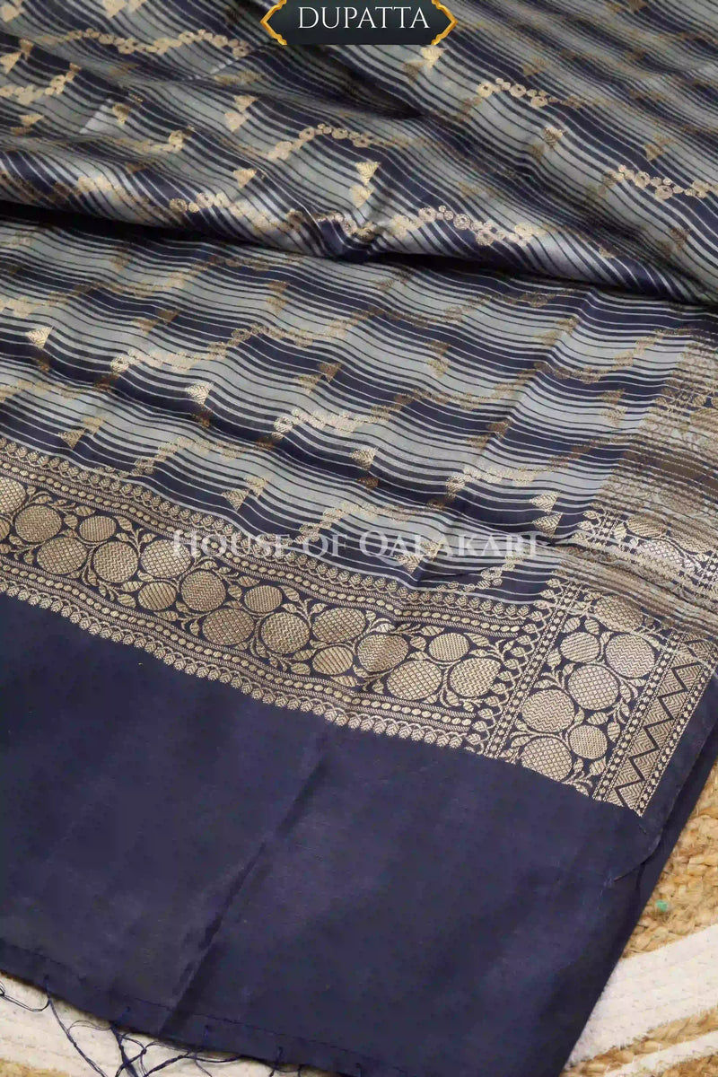 Banarasi Cotton Silk blend Unstitched Dress Material in midnight navy blue and with Bandhani-Leheriya inspired work – dupatta
