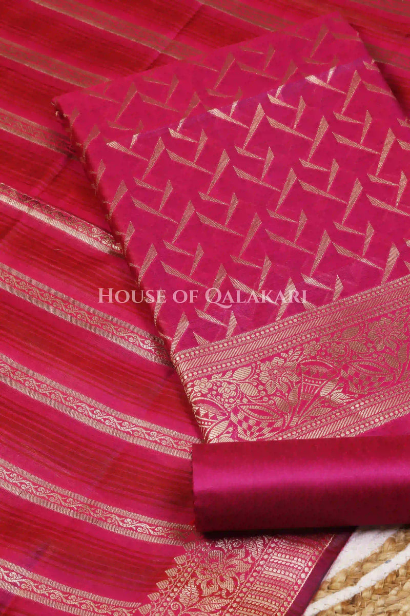 Banarasi Chanderi Cotton Unstitched Dress Material in Rani Pink and with matching horizontal zari stripe dupatta – product