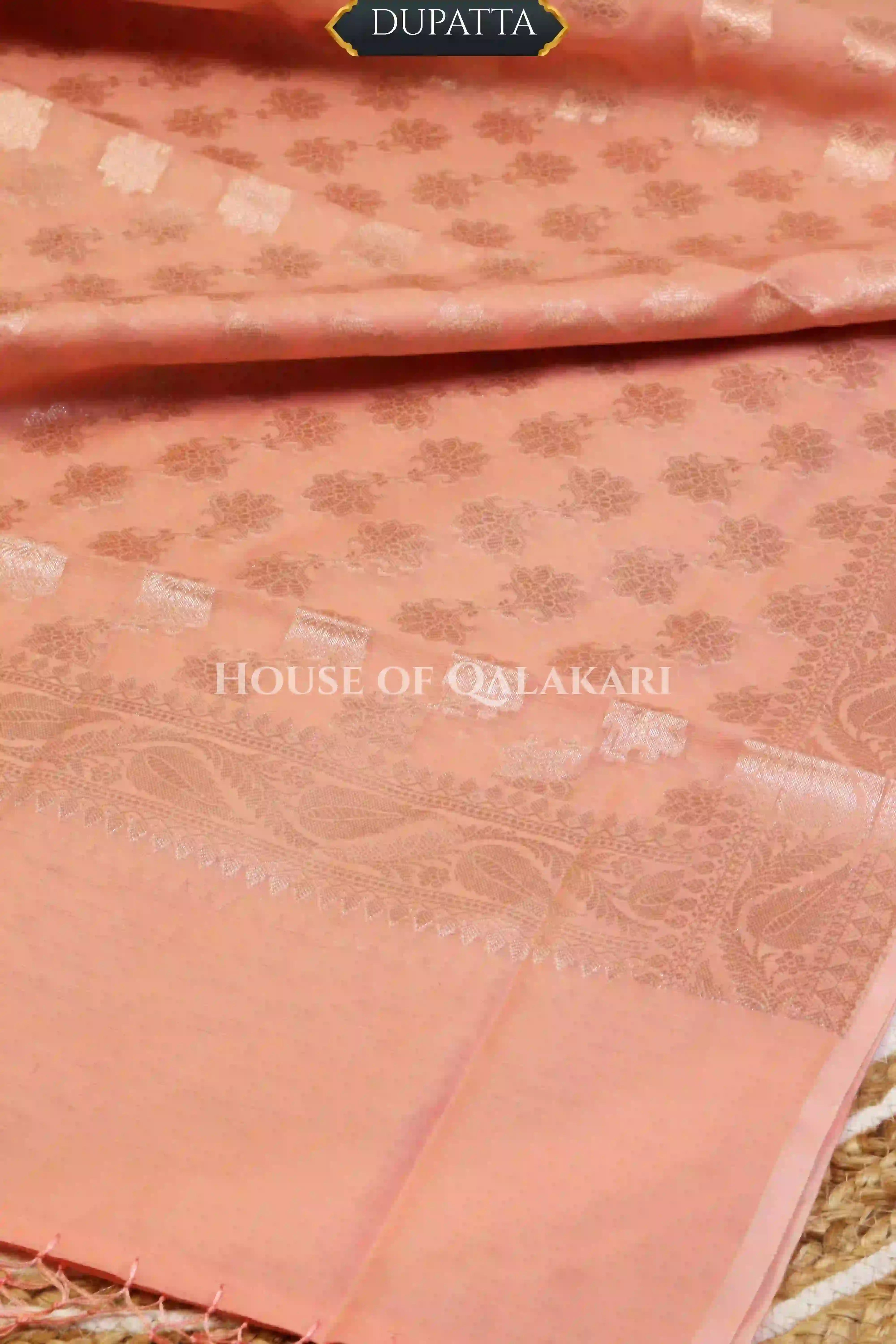 Banarasi Chanderi Cotton Unstitched Dress Material in Peach and with matching floral vine jaal dupatta – dupatta