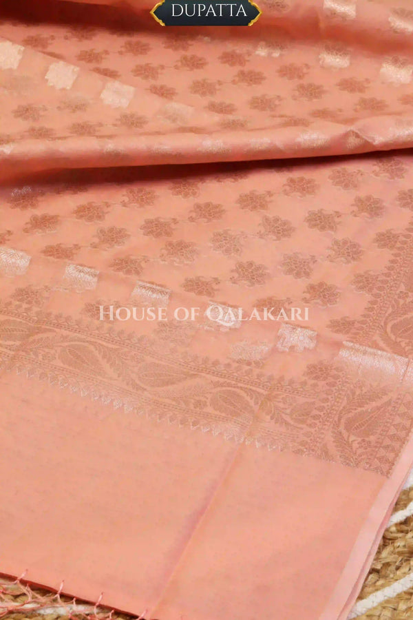 Banarasi Chanderi Cotton Unstitched Dress Material in Peach and with matching floral vine jaal dupatta – dupatta