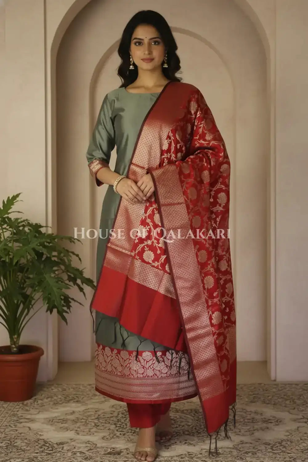 Banarasi silk Unstitched Dress Material in grey and red contrast with Intricate Zari Buti – front pose