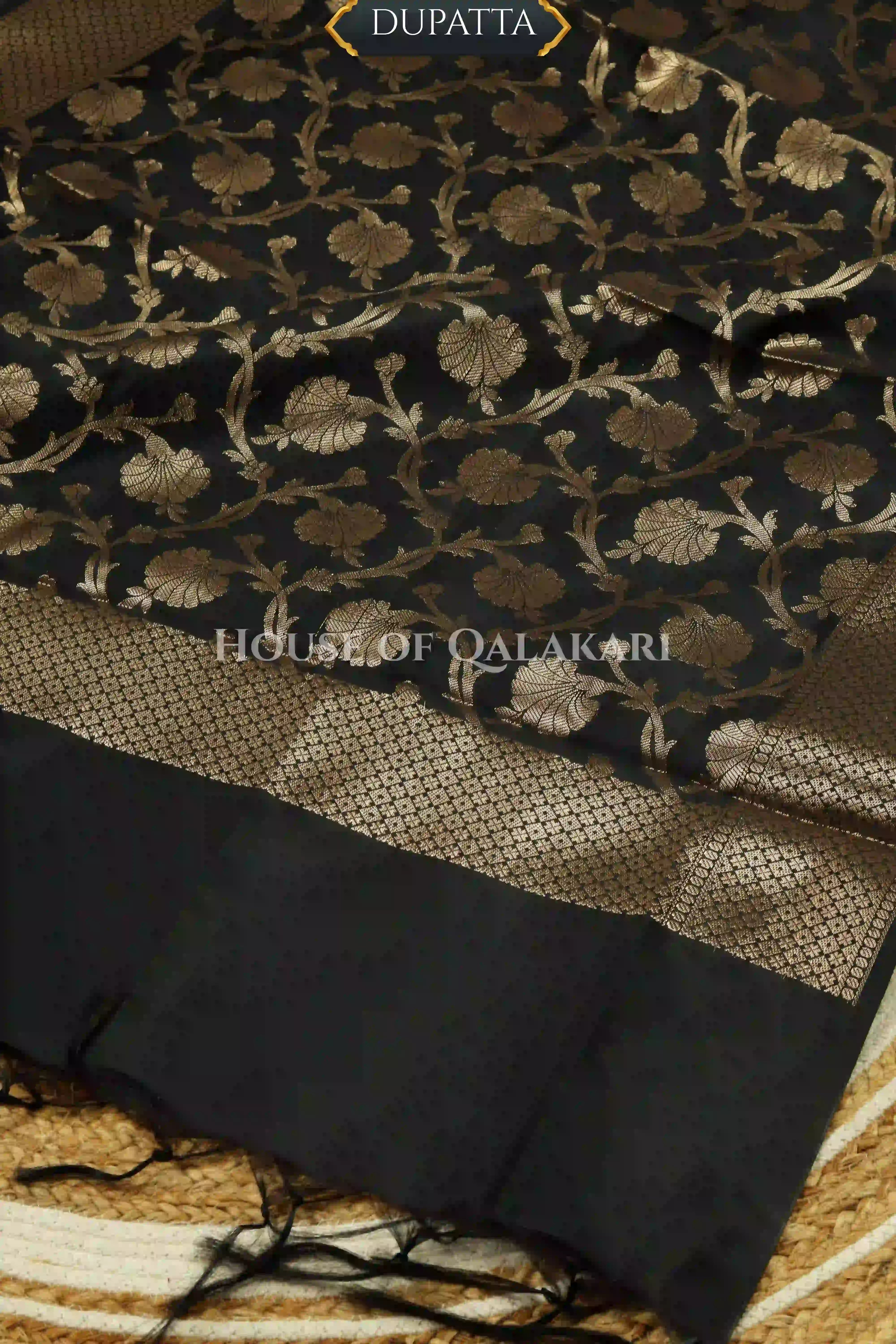 Banarasi silk Unstitched Dress Material in grey and black contrast with Intricate Zari Buti – dupatta