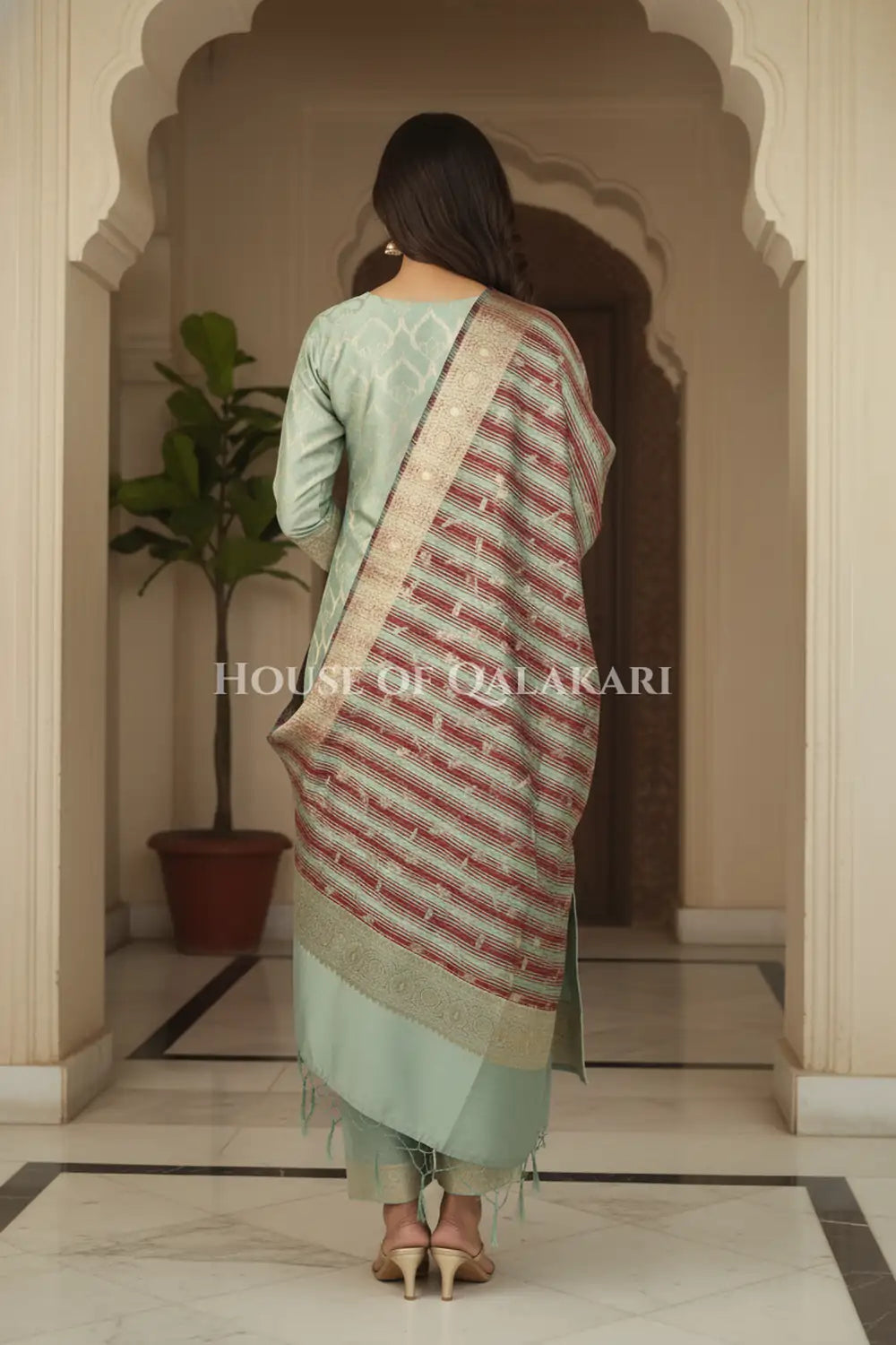 Banarasi Cotton Silk blend Unstitched Dress Material in Cement Grey and with contrast Dark brown-Cement Grey striped dupatta – back pose