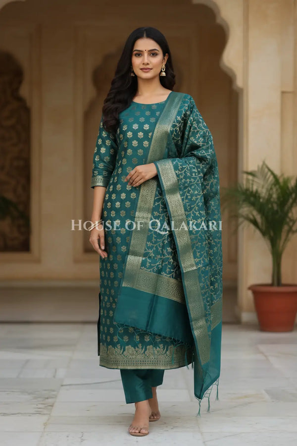 Banarasi Cotton Silk blend Unstitched Dress Material in Deep Teal Green and with matching floral vine jaal dupatta – front pose