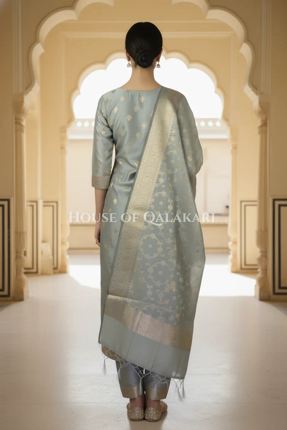 Banarasi Cotton Silk blend Unstitched Dress Material in Grey colour with Intricate Zari Diamond Buti – back pose