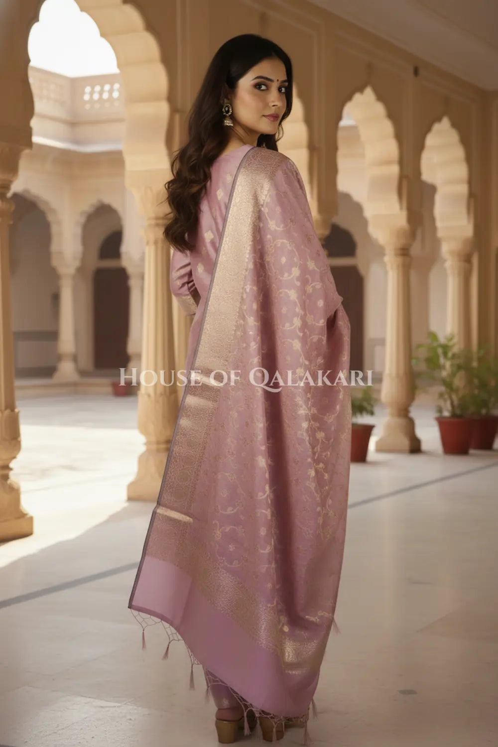 Banarasi Cotton Silk blend Unstitched Dress Material in Rose Pink colour with Intricate Zari Diamond Buti – back pose