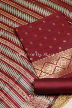 Banarasi Cotton Silk blend Unstitched Dress Material in Maroon Oak and with gol buti( Polka dots) inspired work – product