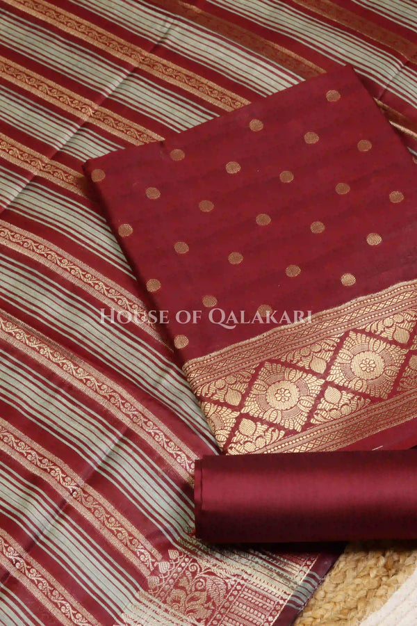 Banarasi Cotton Silk blend Unstitched Dress Material in Maroon Oak and with gol buti( Polka dots) inspired work – product