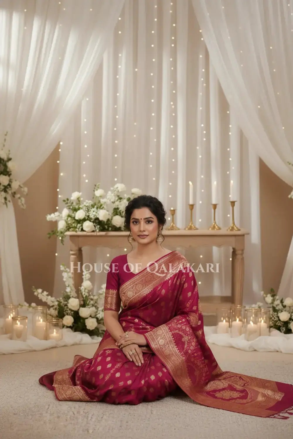 Double Katan Silk Saree sitting pose