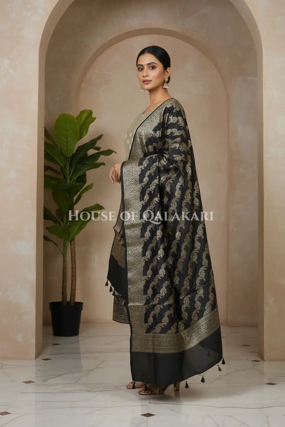 Banarasi Silk Unstitched Dress Material in light grey and black contrast with Intricate Zari Buti – side pose