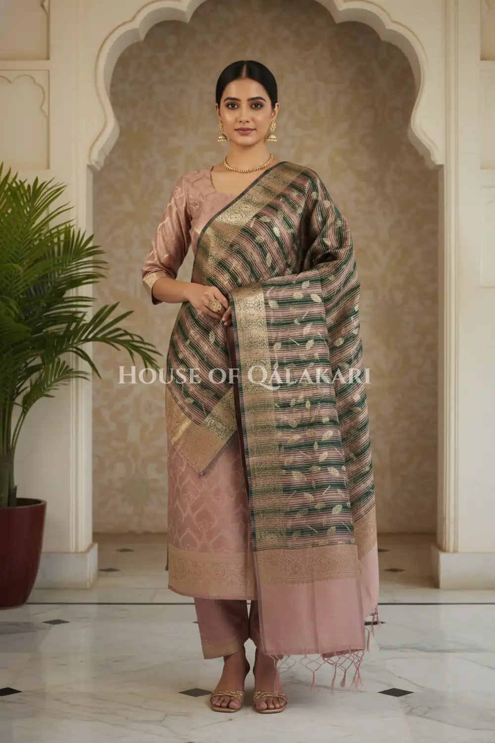 Banarasi Cotton Silk blend Unstitched Dress Material in Copper Rose and with contrast Dark Green-Copper Rose striped dupatta – front pose