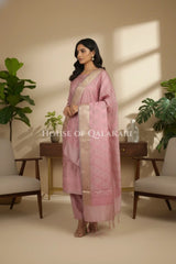 Banarasi Unstitched Dress Material in Dusky Rose diamond Chokdi resham work kurta and zari border – side pose