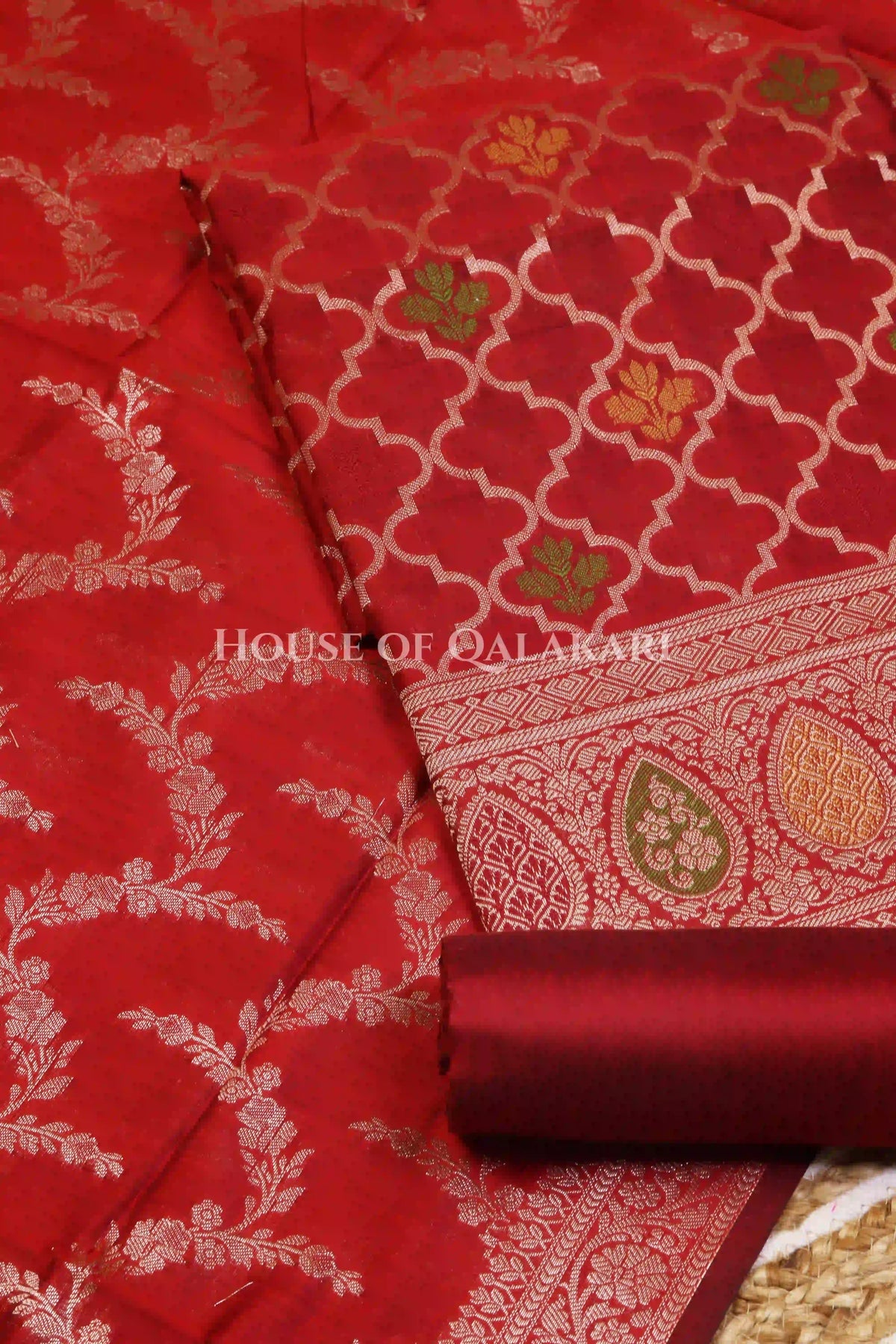 Banarasi Chanderi Cotton Unstitched Dress Material in Red and with matching floral vine jaal dupatta – product