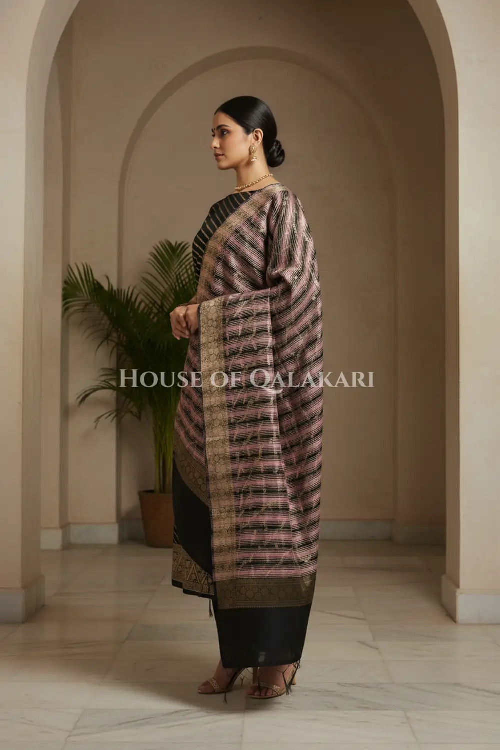 Banarasi Cotton Silk blend Unstitched Dress Material in Black and with Bandhani-Leheriya inspired work – side pose