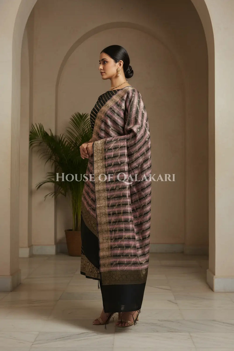 Banarasi Cotton Silk blend Unstitched Dress Material in Black and with Bandhani-Leheriya inspired work – side pose