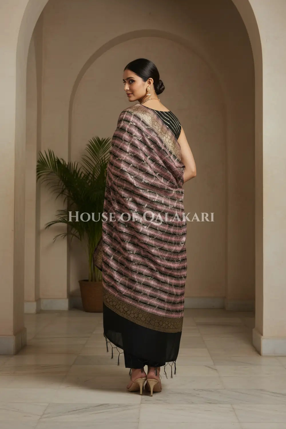 Banarasi Cotton Silk blend Unstitched Dress Material in Black and with Bandhani-Leheriya inspired work – back pose