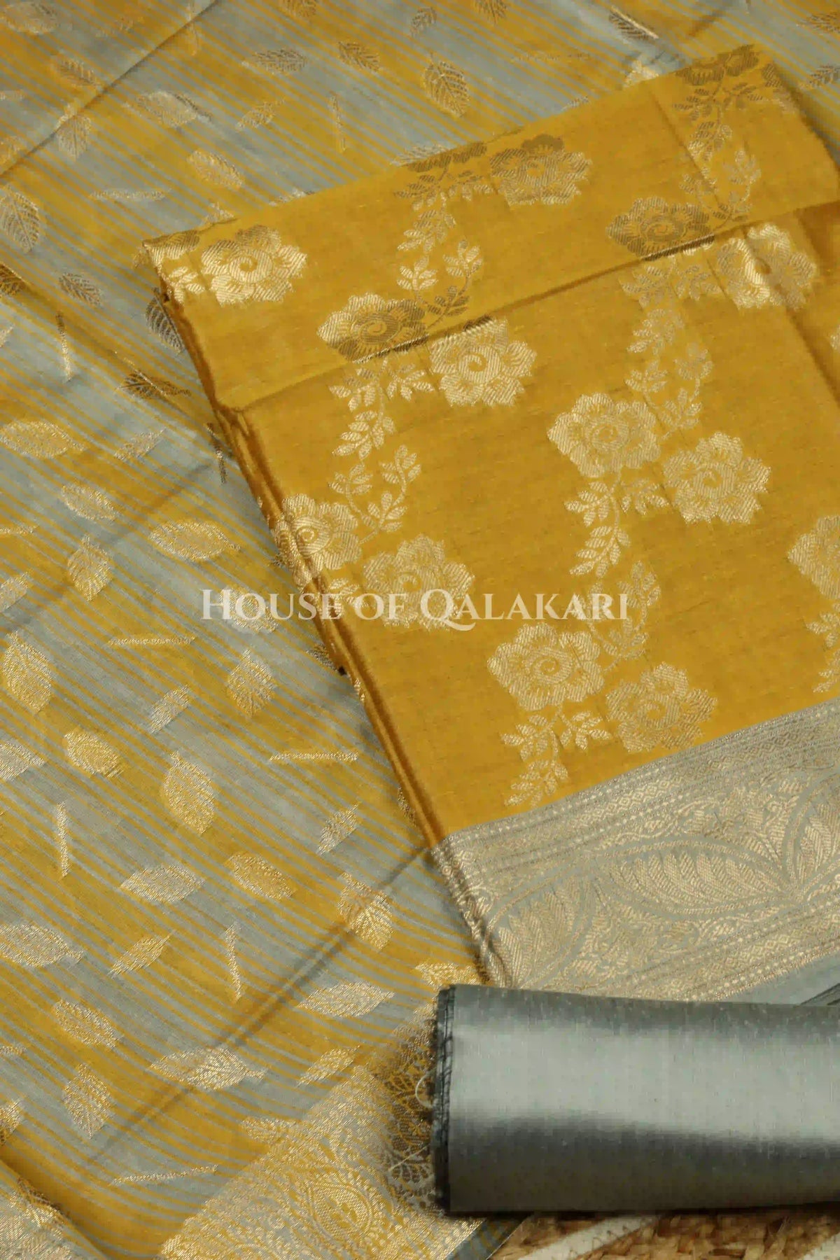 Banarasi Cotton Silk blend Unstitched Dress Material in mustard and silver grey contrast with Intricate Zari Buti – product