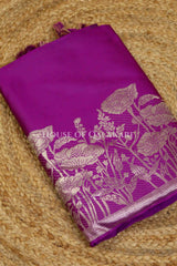 Banarasi silk Unstitched Dress Material in Rich Purple and with lotus floral border and diagonal striped zari work dupatta – kurta