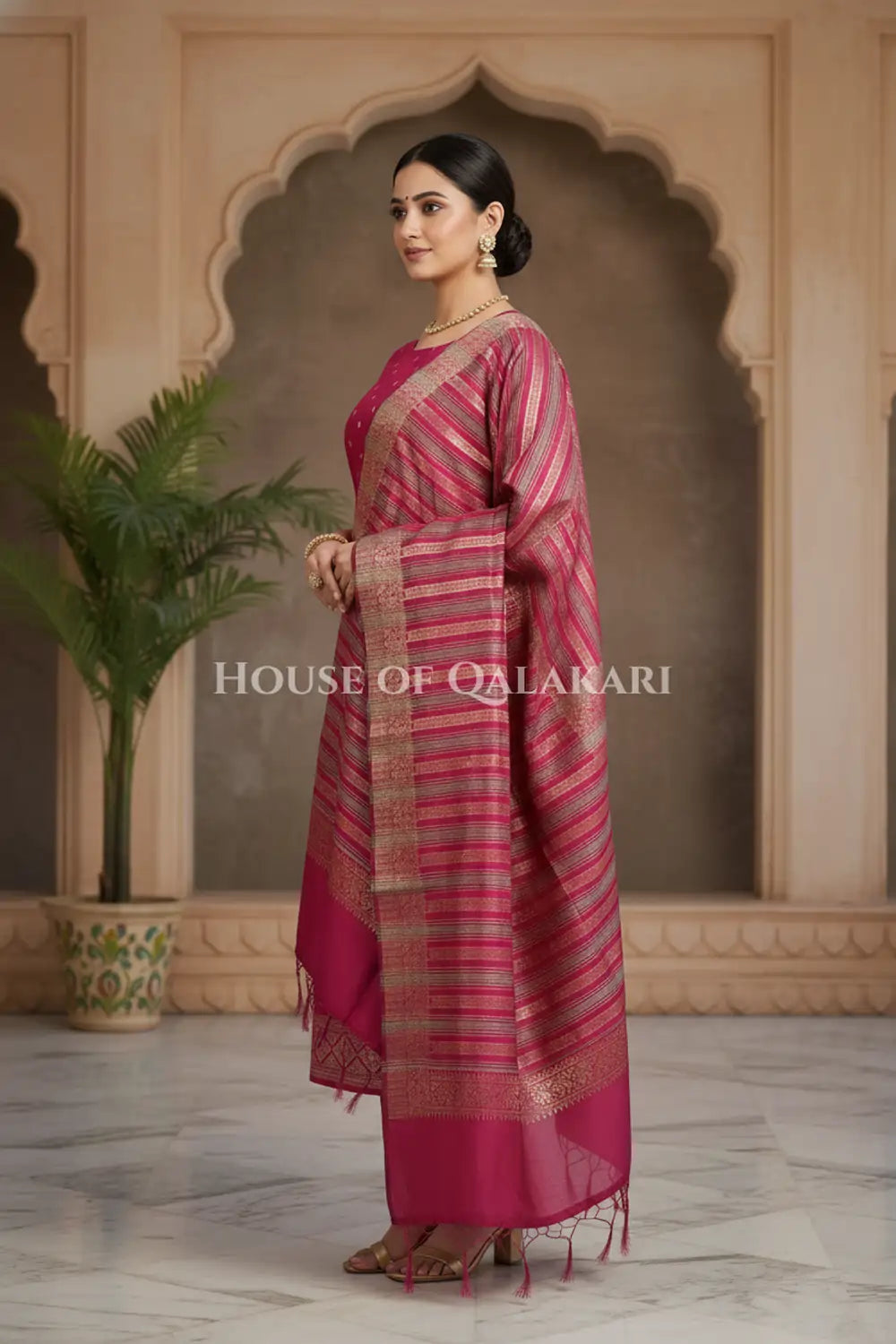 Banarasi Cotton Silk blend Unstitched Dress Material in Pink and with gol buti( Polka dots) inspired work – side pose