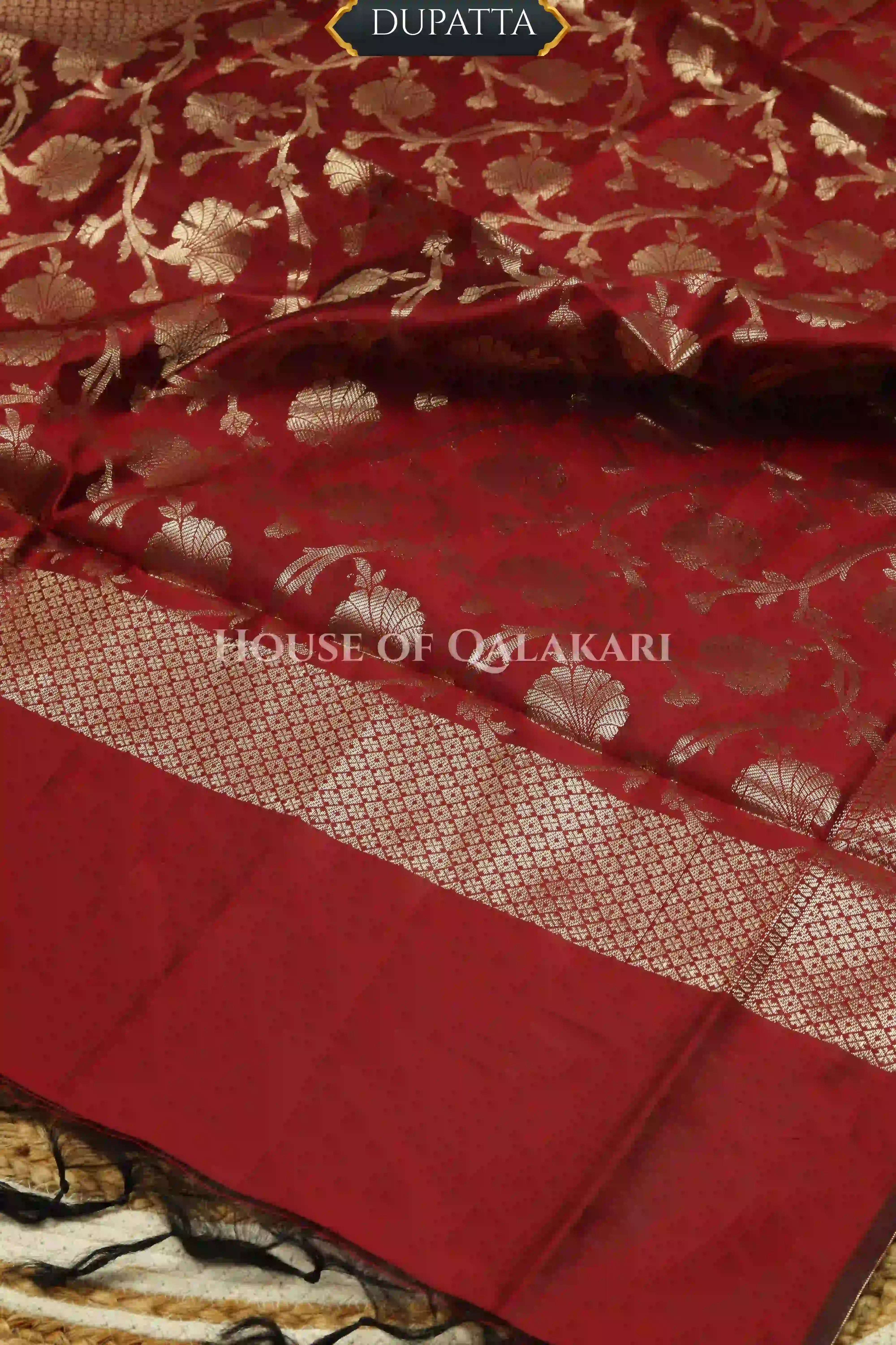 Banarasi silk Unstitched Dress Material in mustard and red contrast with Intricate Zari Buti – dupatta