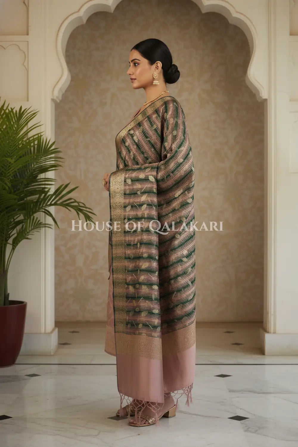 Banarasi Cotton Silk blend Unstitched Dress Material in Copper Rose and with contrast Dark Green-Copper Rose striped dupatta – side pose
