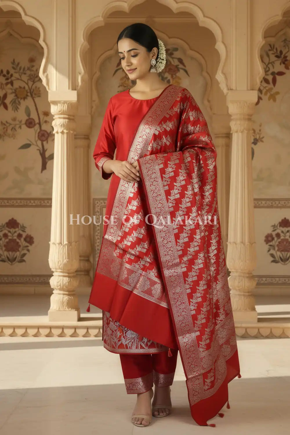 Banarasi silk Unstitched Dress Material in Red and with lotus floral border and diagonal striped zari work dupatta – wedding pose