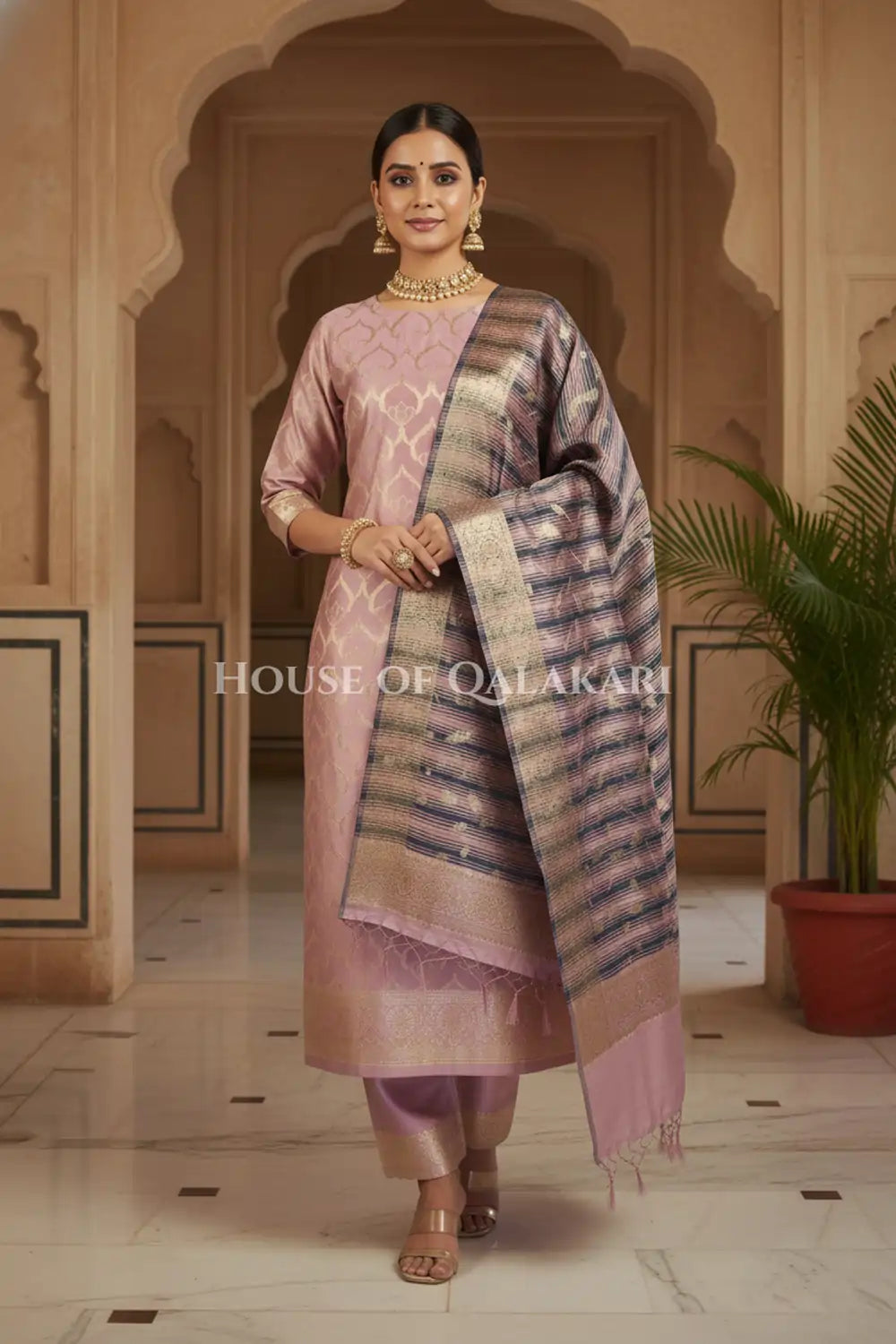 Banarasi Cotton Silk blend Unstitched Dress Material in Dusky Rose and with contrast Navy Blue-Dusky Rose striped dupatta – festive pose