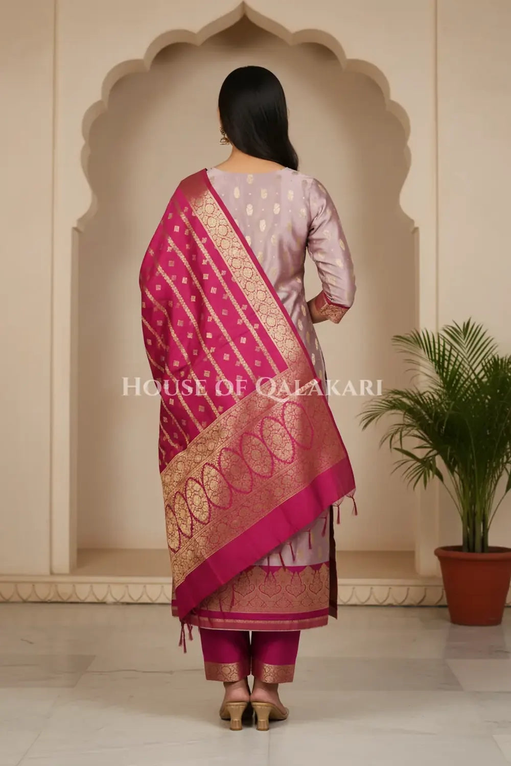 Banarasi Silk in lilac and magenta contrast with Intricate Zari Buti – back pose