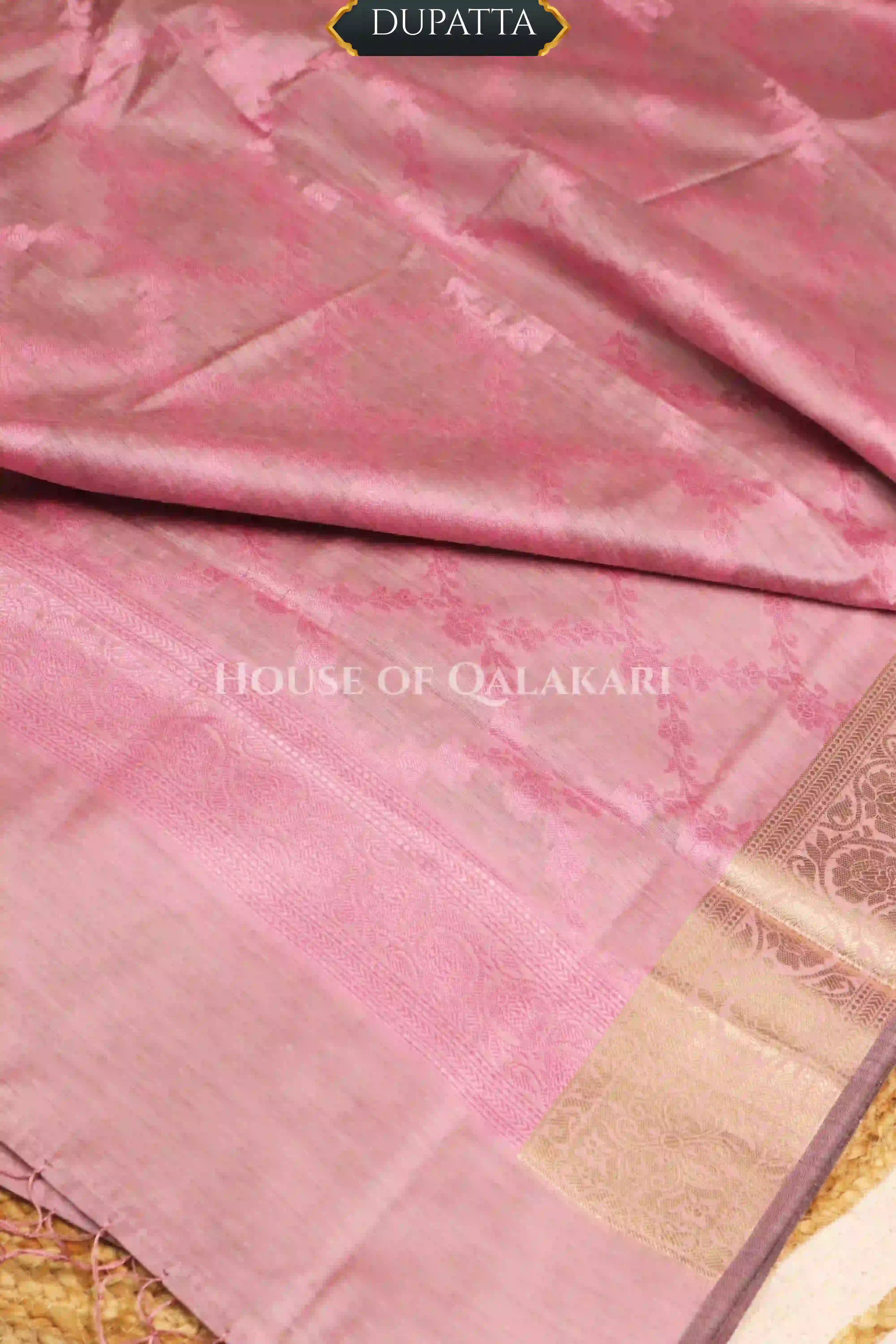Banarasi Unstitched Dress Material in Dusky Rose diamond Chokdi resham work kurta and zari border – dupatta