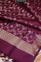Banarasi Unstitched Dress Material in Velvet Maroon plain kurta and zari border along with floral zari jaal dupatta – dupatta