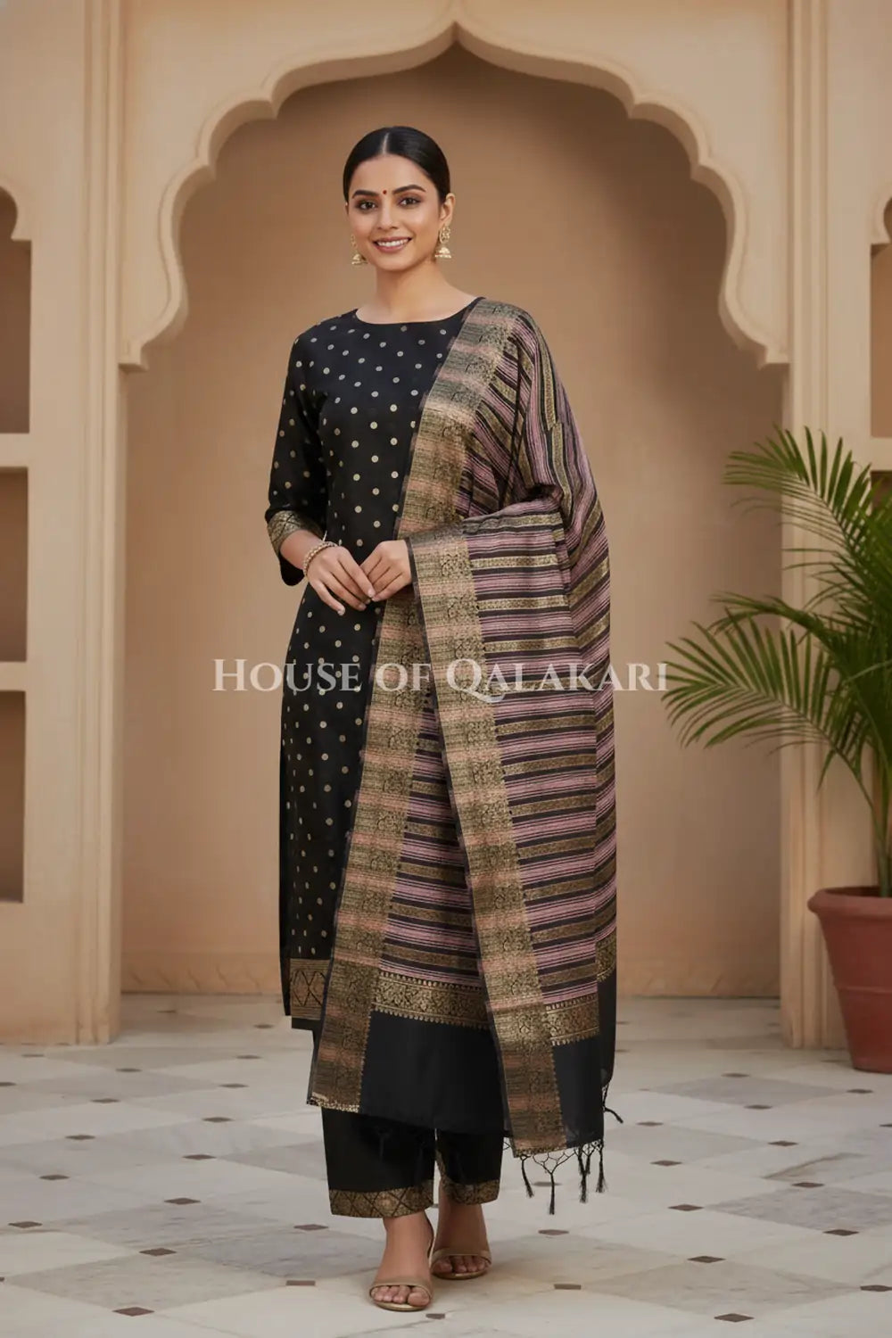 Banarasi Cotton Silk blend Unstitched Dress Material in Black and with gol buti( Polka dots) inspired work – festive pose