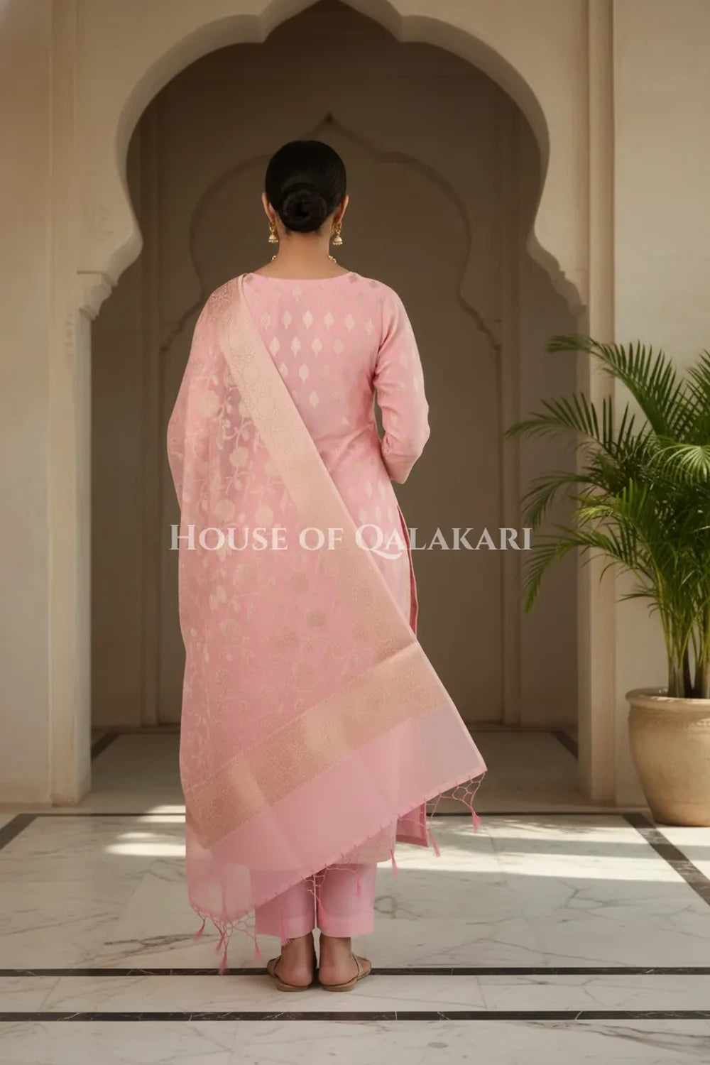 Banarasi Chanderi Cotton Unstitched Dress Material in Blush Pink with intricate Zari Buti work – back pose