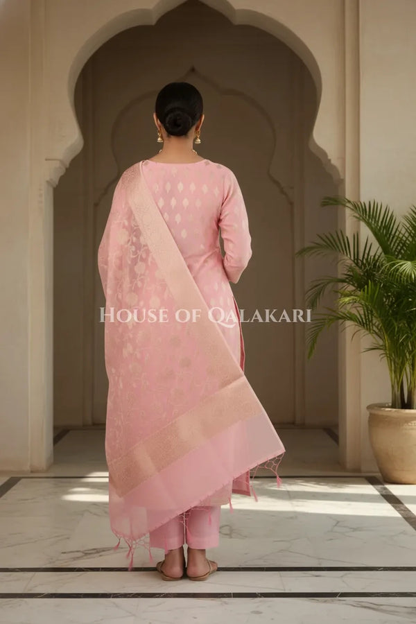 Banarasi Chanderi Cotton Unstitched Dress Material in Blush Pink with intricate Zari Buti work – back pose