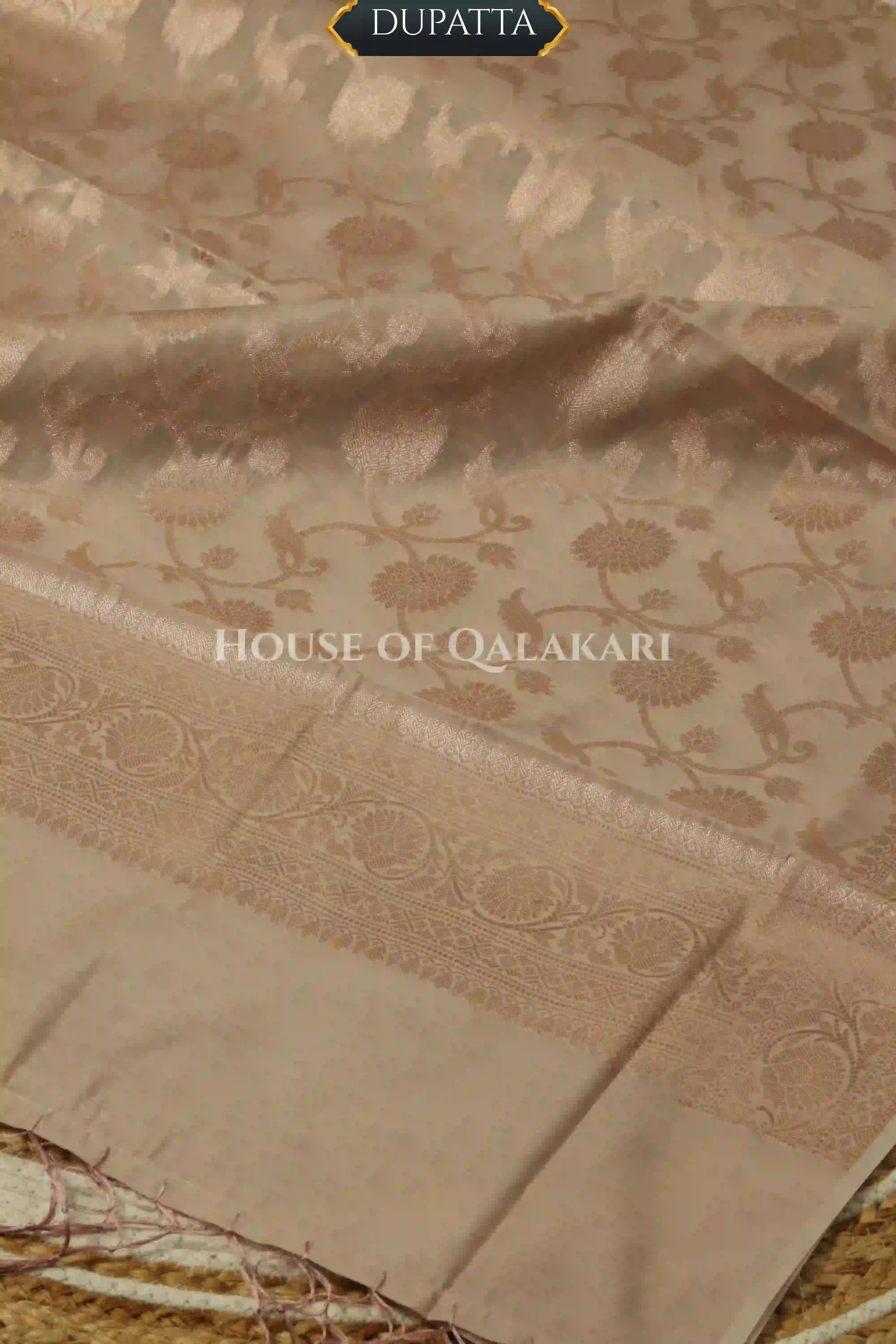 Banarasi Chanderi Cotton Unstitched Dress Material in Champagne beige with intricate Zari Buti work – dupatta