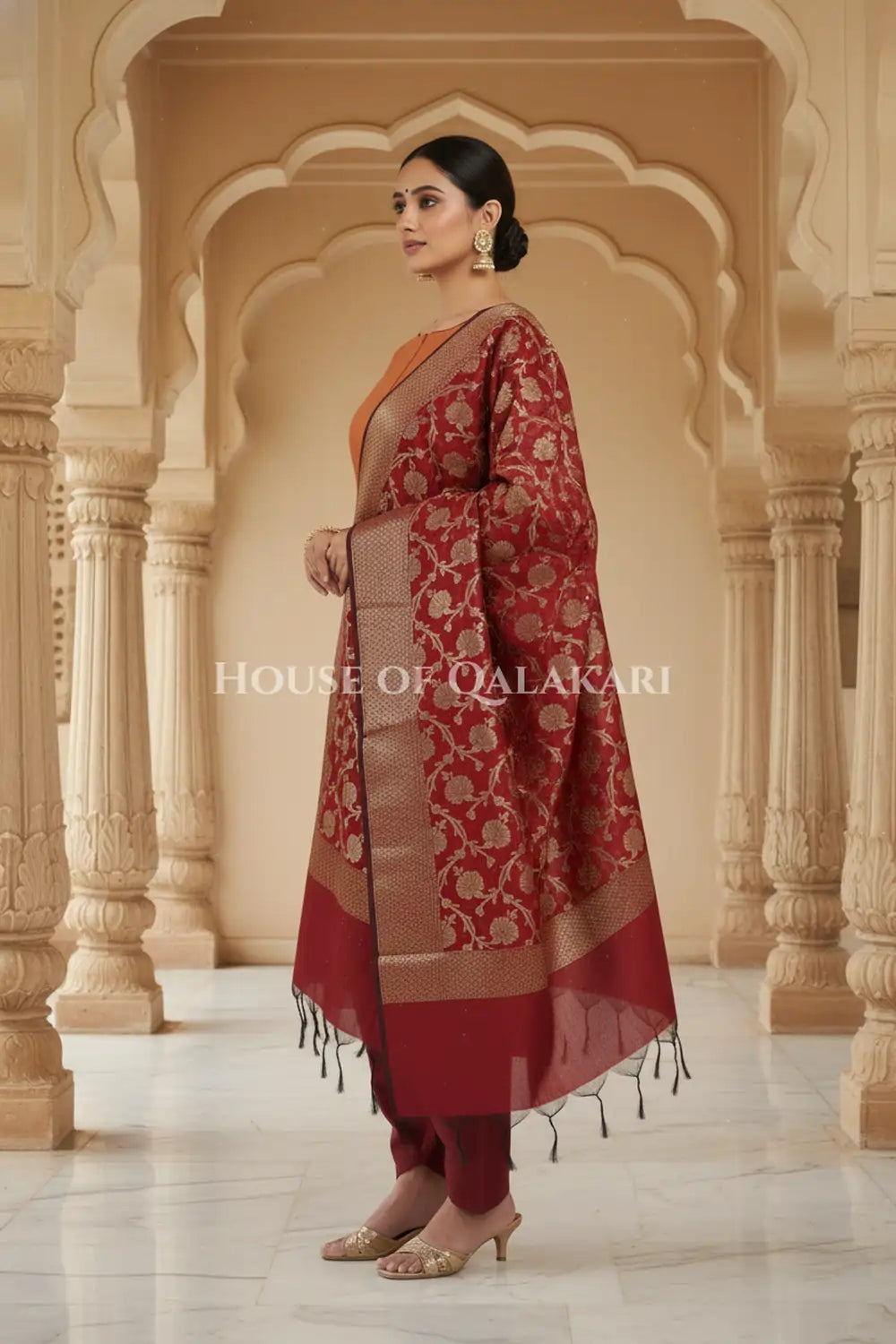 Banarasi silk Unstitched Dress Material in Clay Brown and Maroon Oak contrast with Intricate Zari Buti – side pose