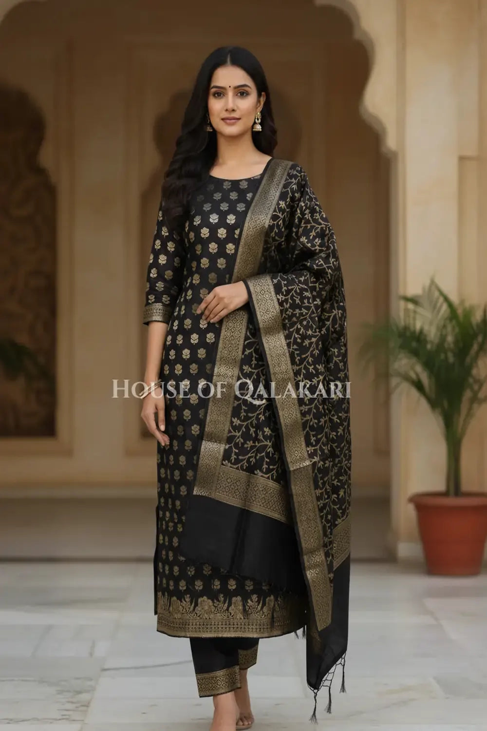 Banarasi Cotton Silk blend Unstitched Dress Material in Black and with matching floral vine jaal dupatta – front pose