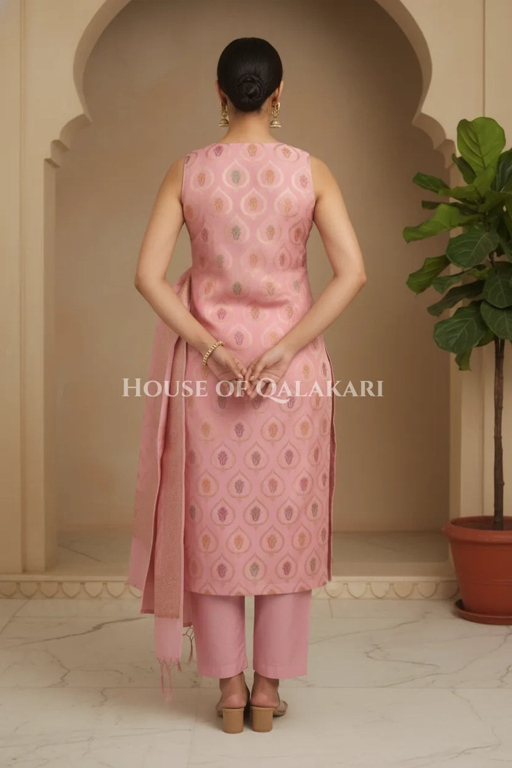 Pastel pink Banarasi Chanderi Cotton Unstitched Dress Material with Zari Work – back pose