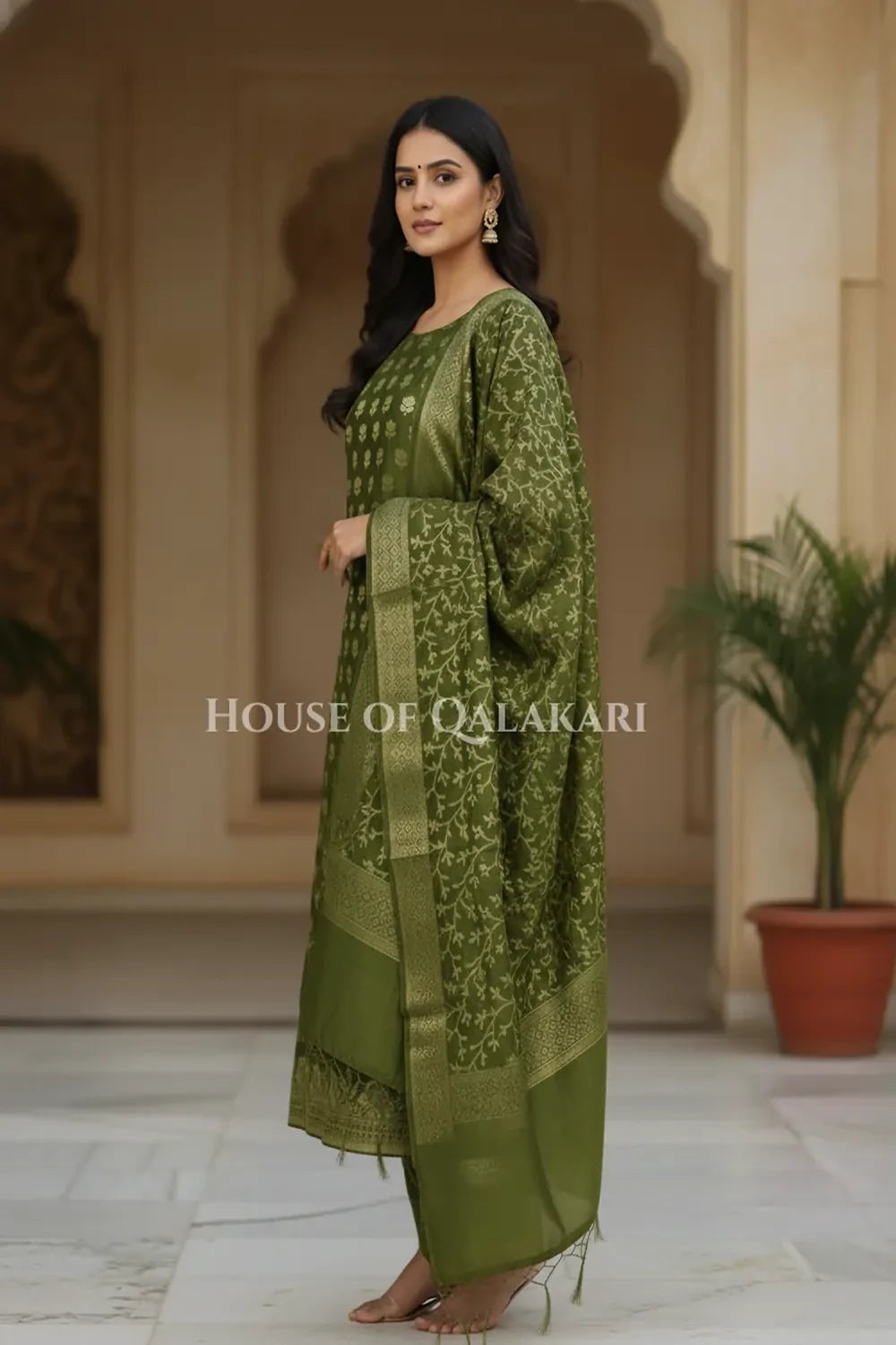 Banarasi Cotton Silk blend Unstitched Dress Material in Mehndi and with matching floral vine jaal dupatta – side pose