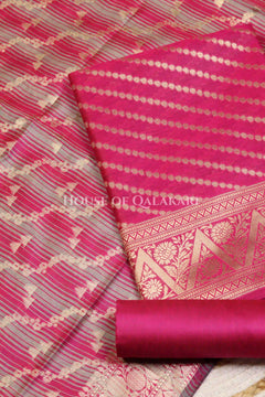 Banarasi Cotton Silk blend Unstitched Dress Material in Rani Pink and with Bandhani-Leheriya inspired work – product