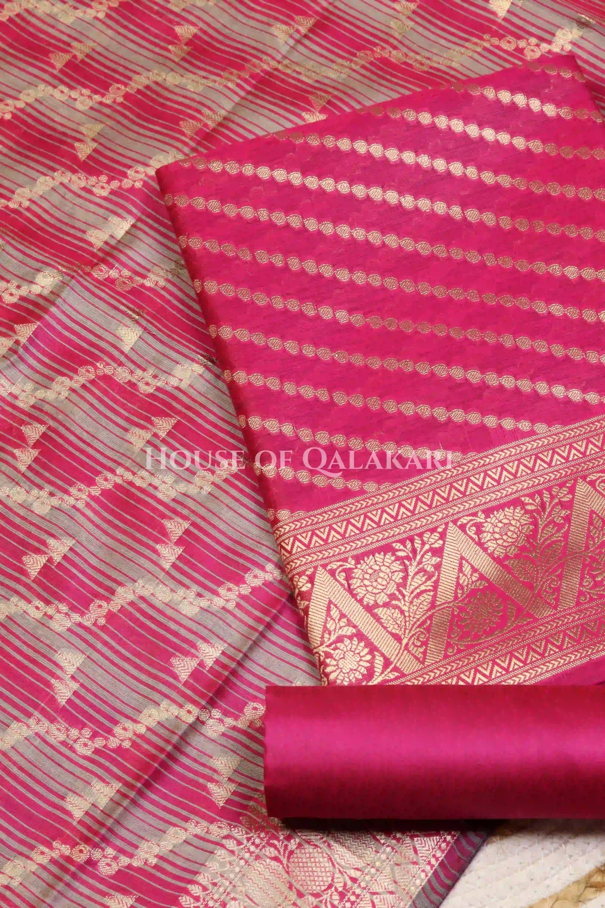 Banarasi Cotton Silk blend Unstitched Dress Material in Rani Pink and with Bandhani-Leheriya inspired work – product