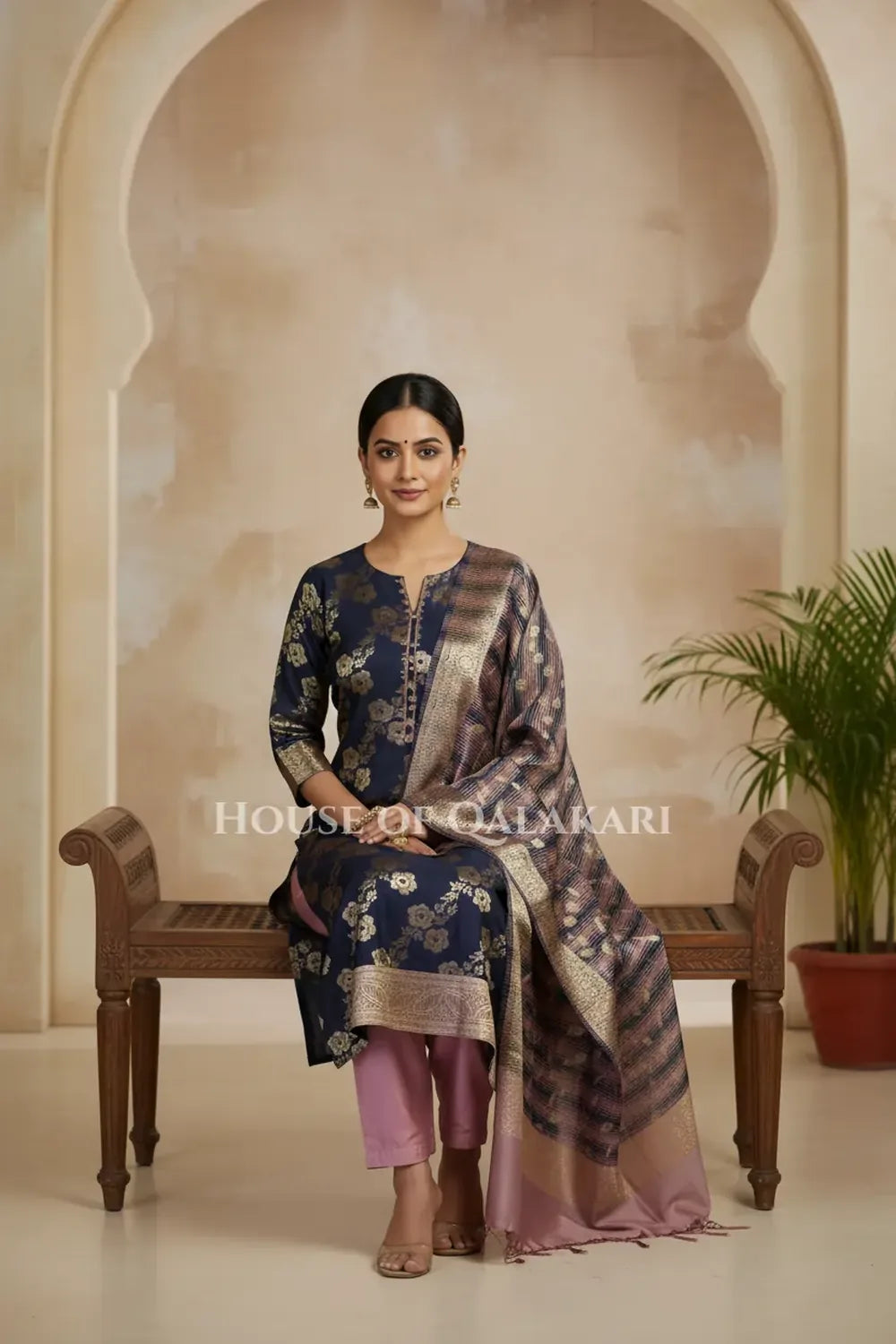 Banarasi Cotton Silk blend Unstitched Dress Material in navy blue and rose gold contrast with Intricate Zari Buti – sitting pose