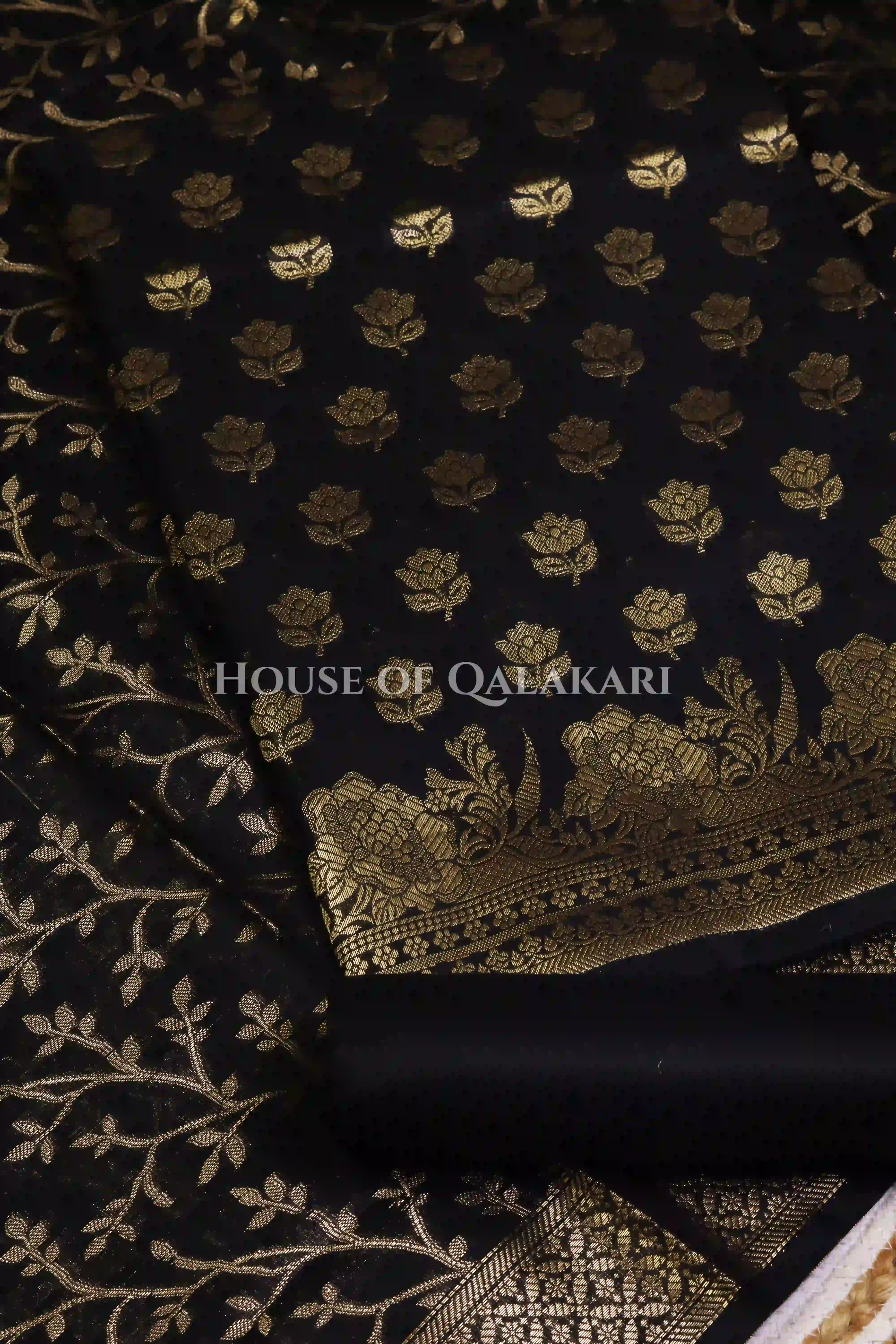 Banarasi Cotton Silk blend Unstitched Dress Material in Black and with matching floral vine jaal dupatta – product