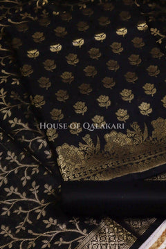 Banarasi Cotton Silk blend Unstitched Dress Material in Black and with matching floral vine jaal dupatta – product