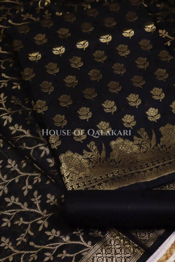 Banarasi Cotton Silk blend Unstitched Dress Material in Black and with matching floral vine jaal dupatta – product