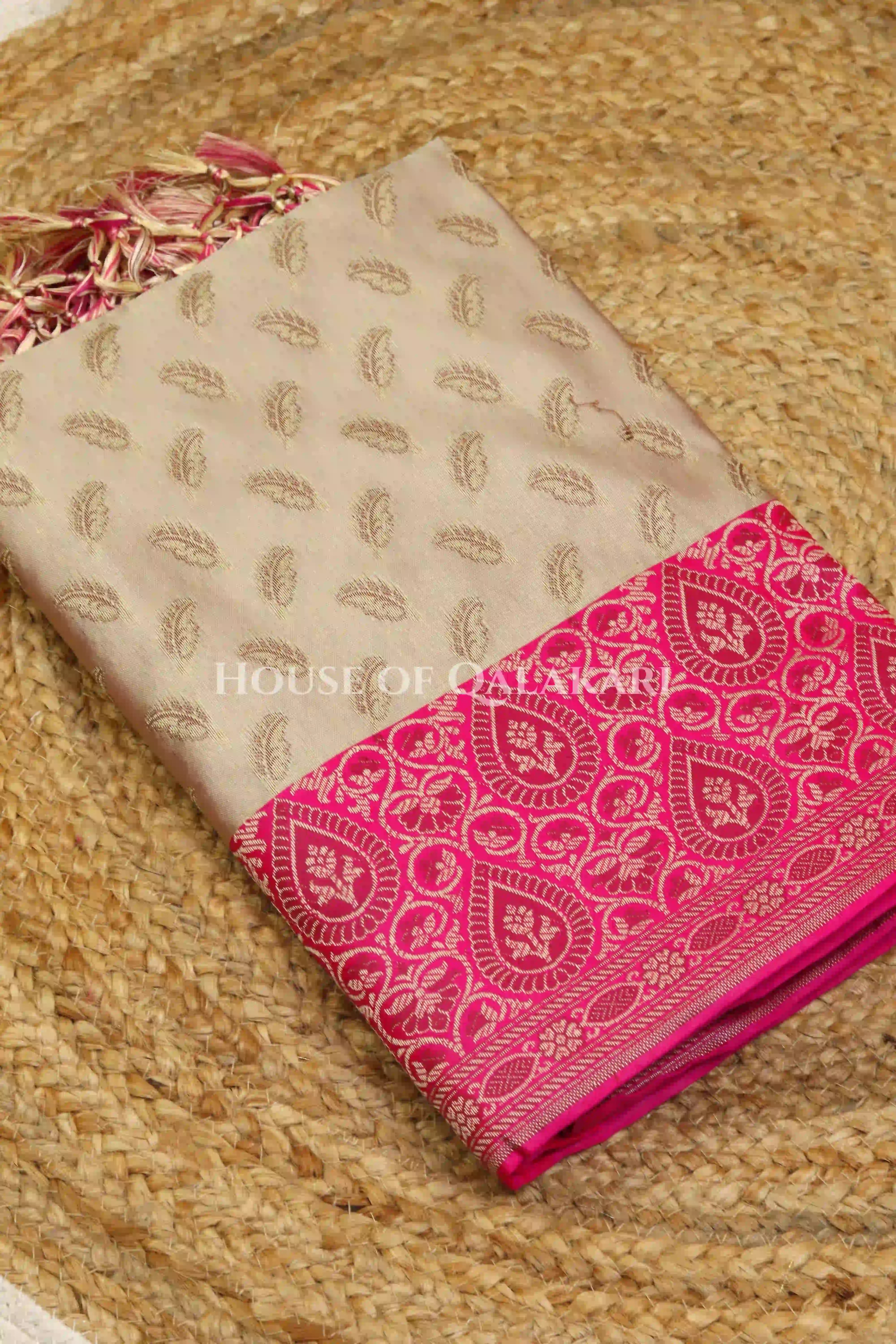 Banarasi Unstitched Dress Material in Mushroom and with all over leaf buti and resham border along with floral resham jaal dupatta – kurta