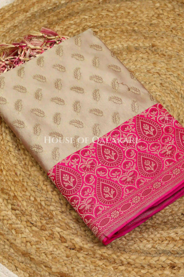 Banarasi Unstitched Dress Material in Mushroom and with all over leaf buti and resham border along with floral resham jaal dupatta – kurta