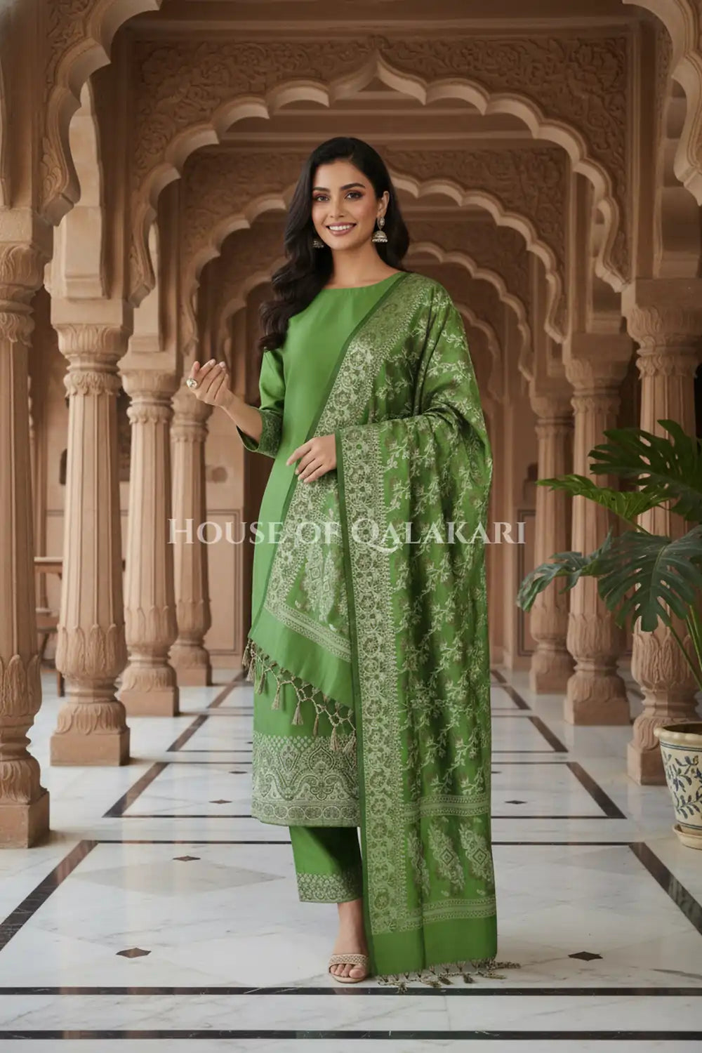 Banarasi Unstitched Dress Material in Light Olive Green and with plain body and resham border and diagonally striped resham dupatta – festive pose