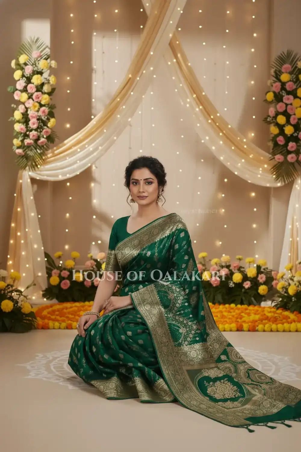 Double Katan Silk Saree sitting pose