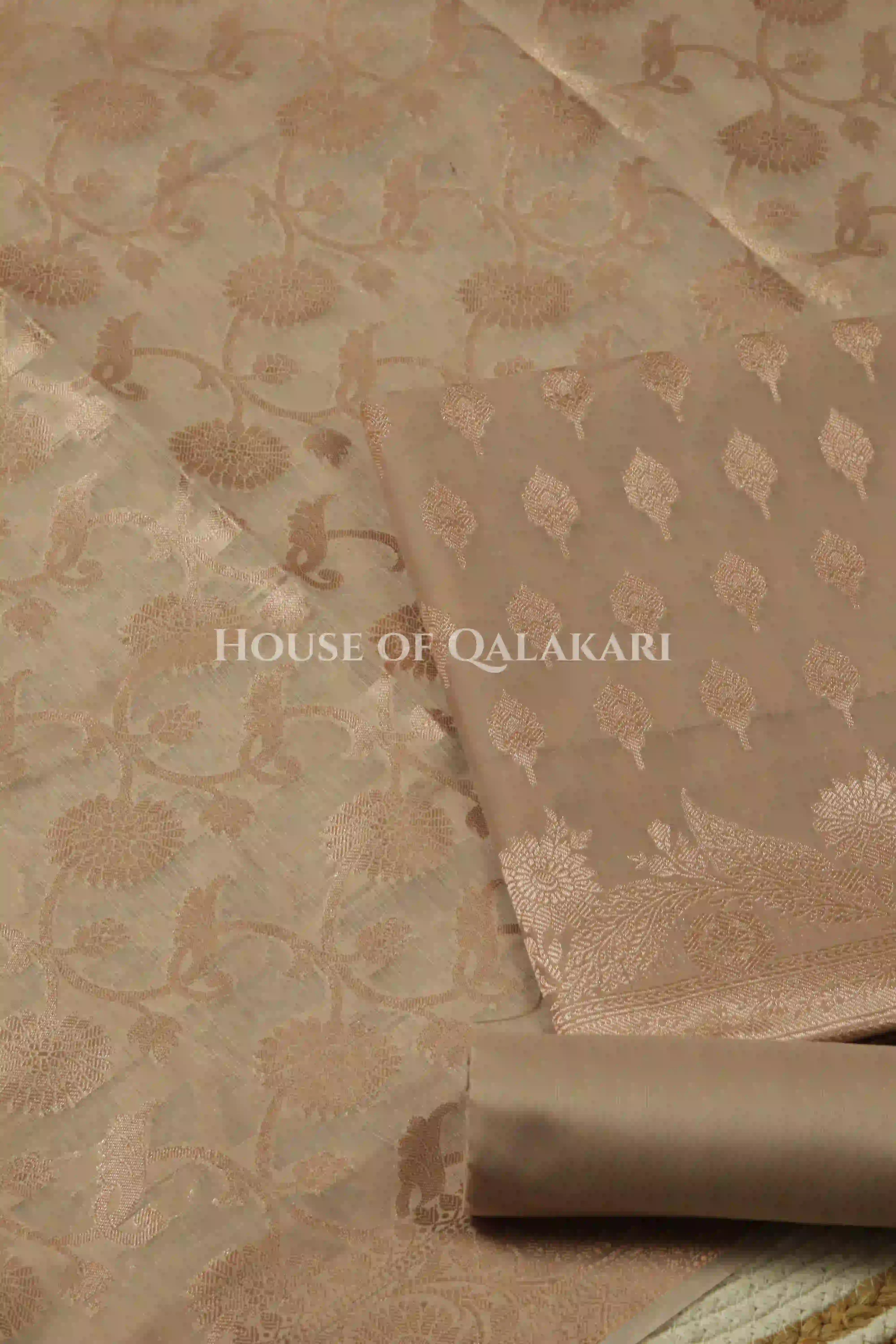 Banarasi Chanderi Cotton Unstitched Dress Material in Champagne beige with intricate Zari Buti work – product